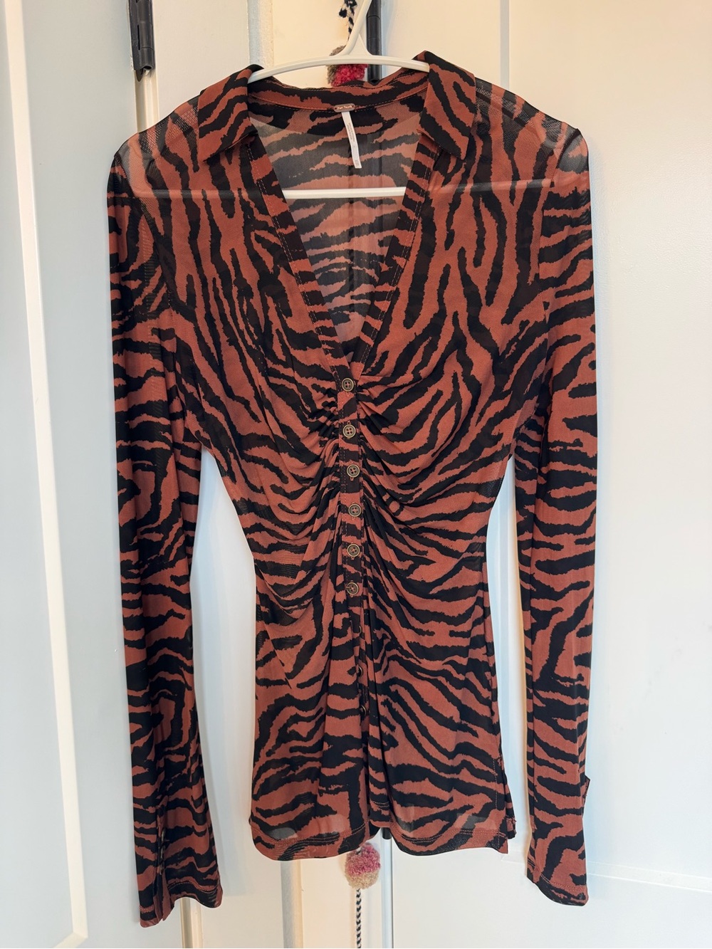Free People Rust Brown and Black Zebra-Print Button Front Shirt